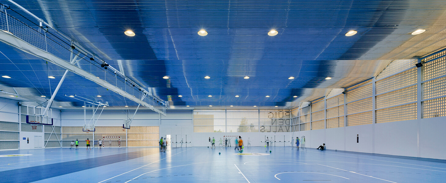newly-built sports center with expanded metal